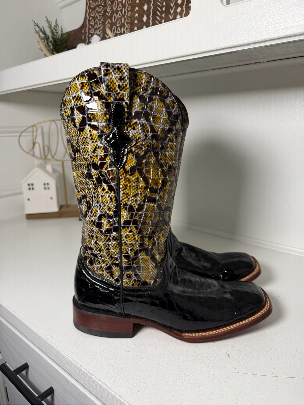 Ferrini Womens 10B Black Patent Snake Print Cowboy Boots Exotic Western - Picture 5 of 9